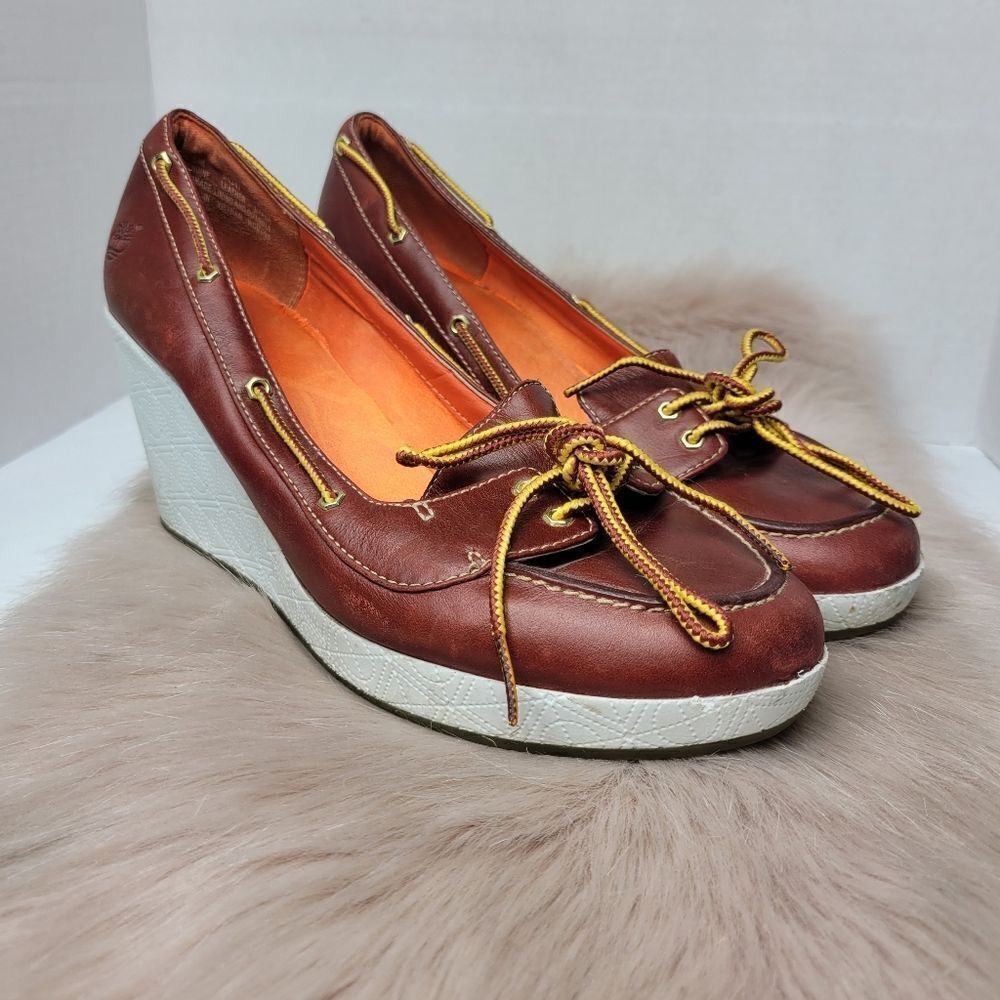 Timberland 94346 Brown Leather Casual LWalking Wedge Shoes Size 9.5